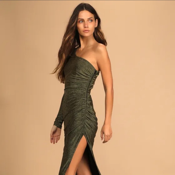 Lulus Precious Prize Gold Metallic One-shoulder Long Sleeve Maxi Dress - Size M - Picture 2 of 5